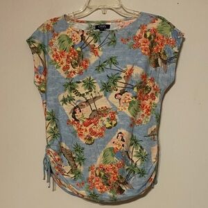 Chaps Women's Tropical Print Short Sleeve Top - Blue and Orange